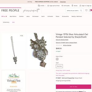 Free People Curated 70’s Vintage Crystal Eyes Wise Owl Silver Pendant Necklace